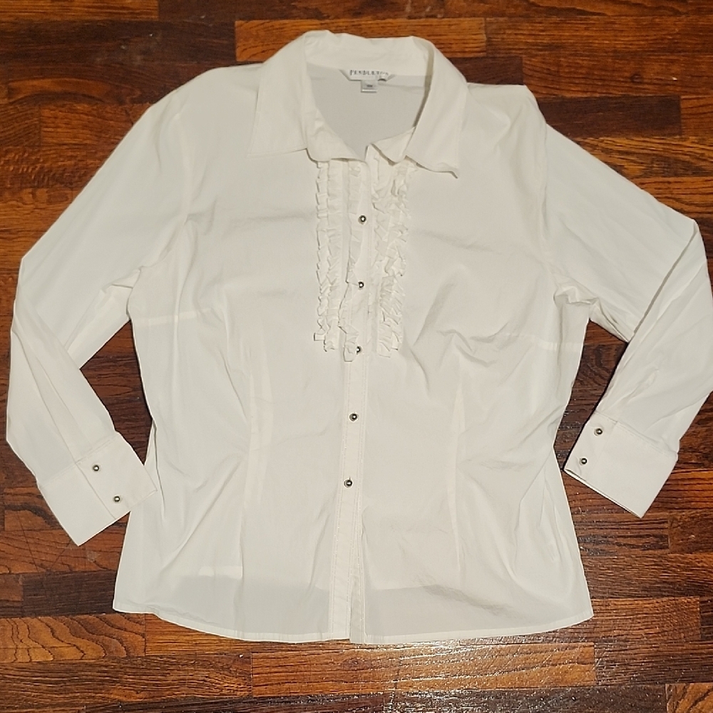 Pendleton Feminine Cotton Crisp White Button Down Shirt with Ruffle Detail 18W